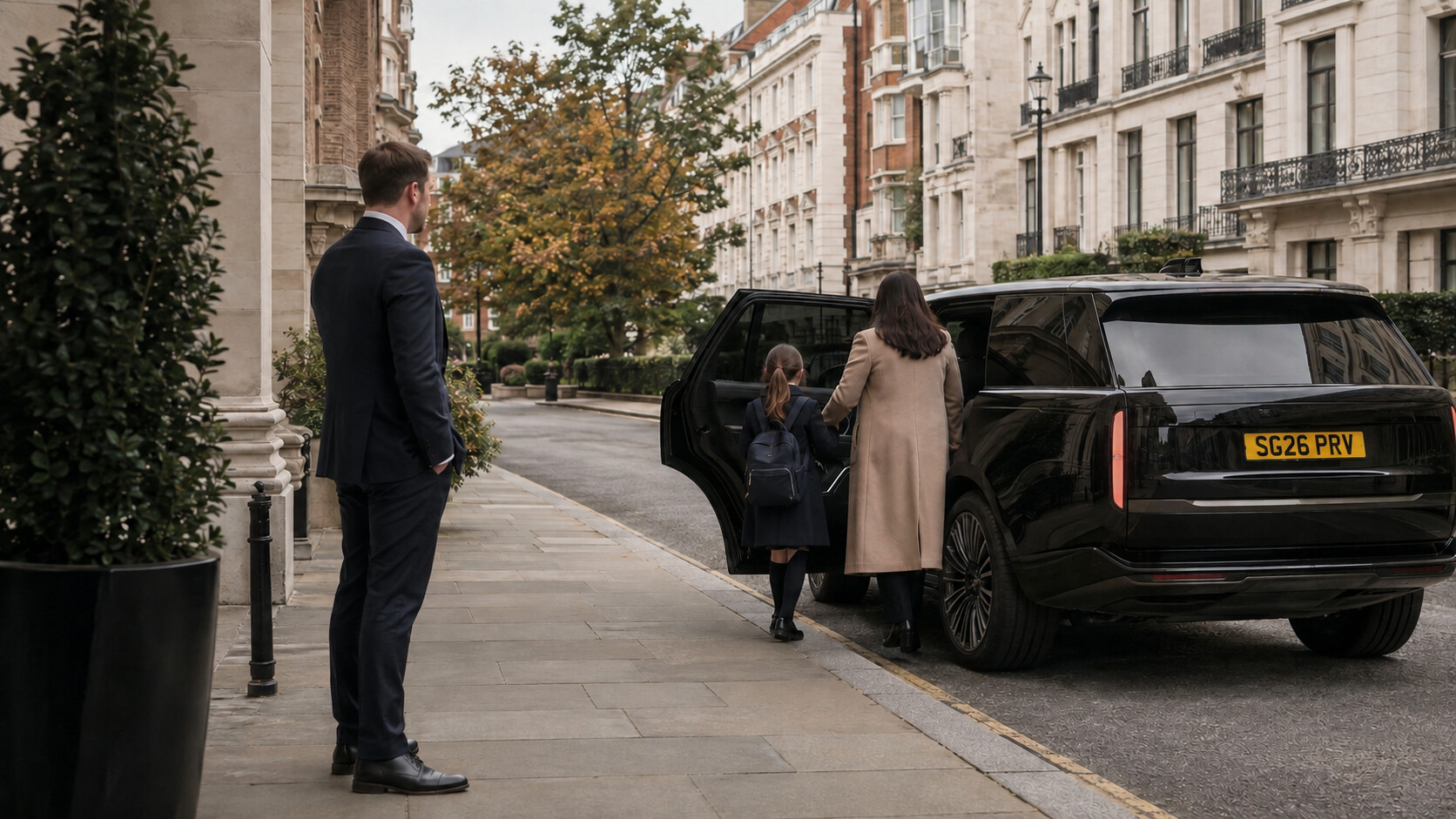 A discreet family protection professional supporting a private arrival beside a British Range Rover on a Kensington street